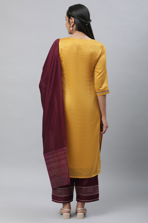Yellow Embroidered Kurta, Palazzo & Dupatta Set