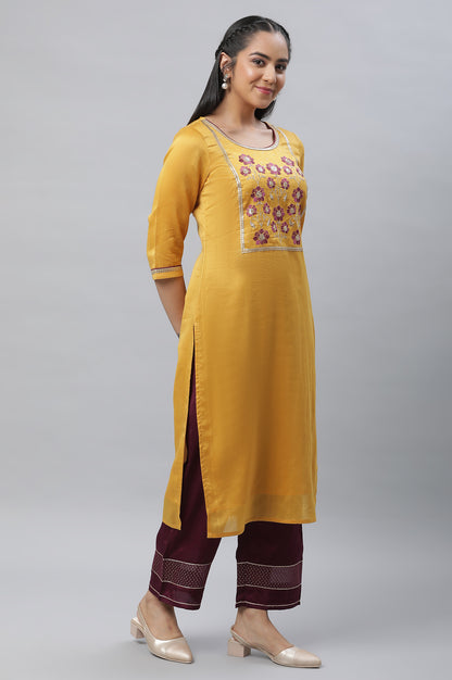 Yellow Embroidered Kurta, Palazzo &amp; Dupatta Set