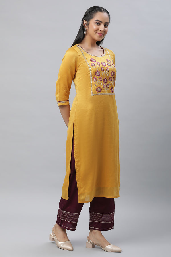 Yellow Embroidered Kurta, Palazzo & Dupatta Set