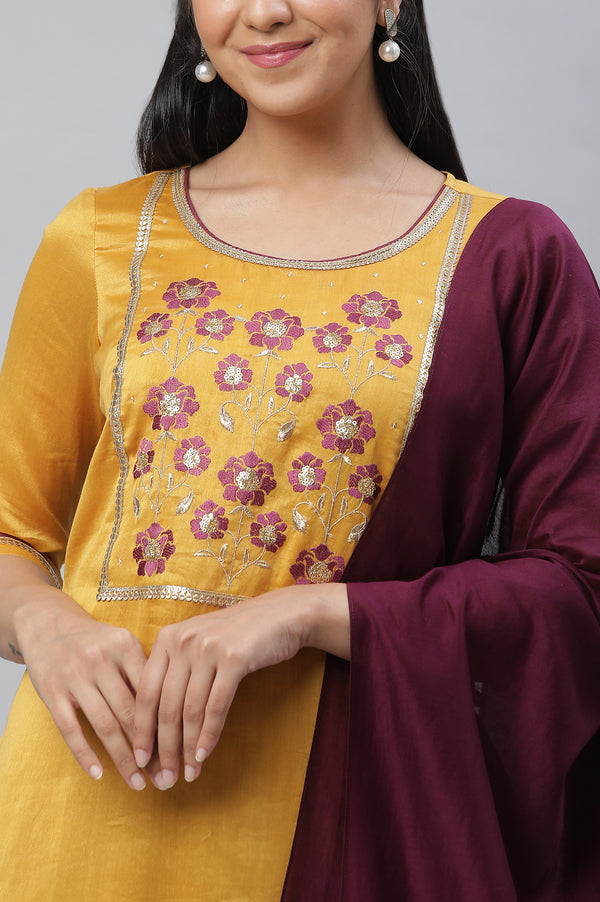 Yellow Embroidered Kurta, Palazzo & Dupatta Set