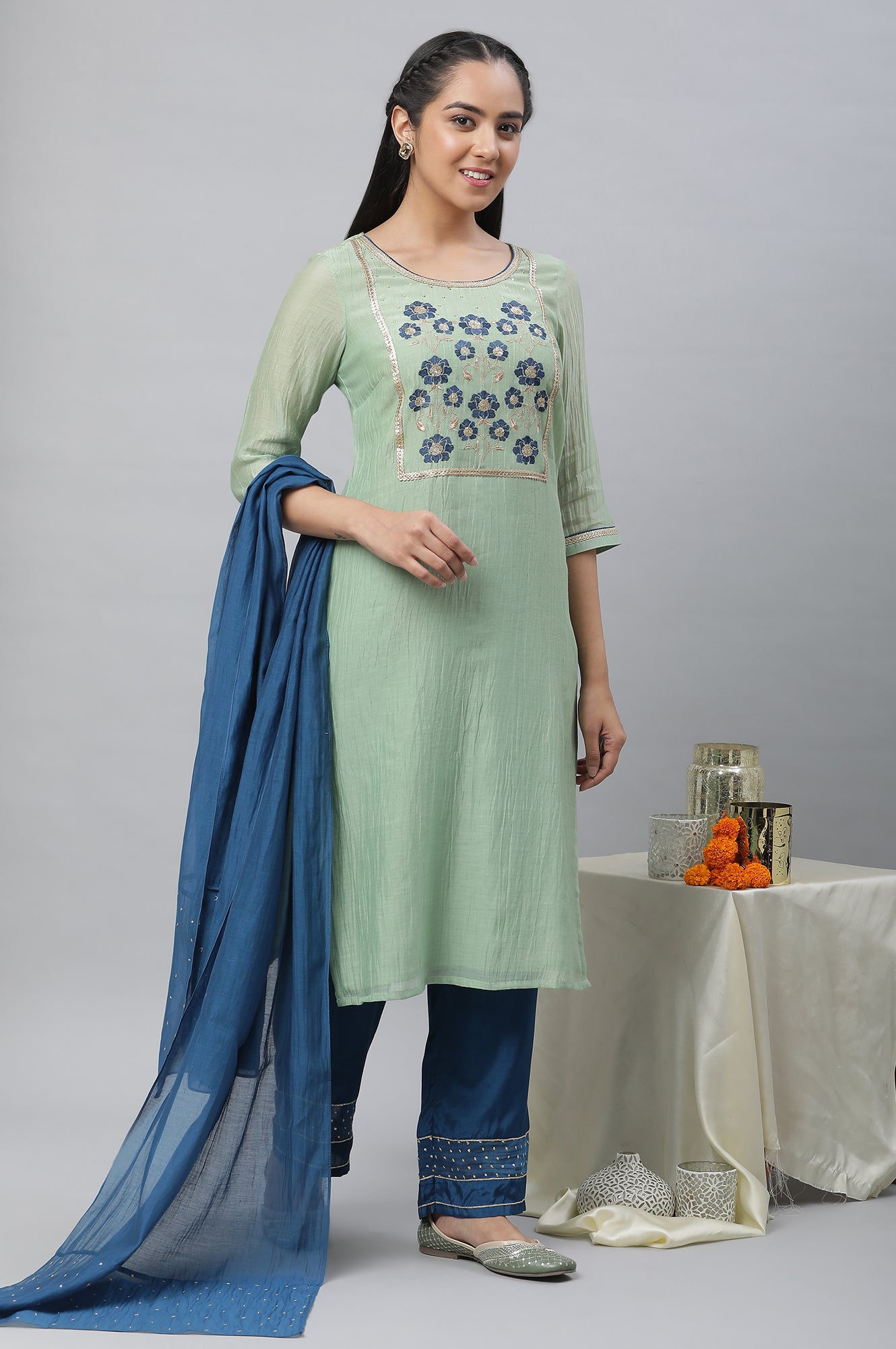 Mint Green Embroidered Kurta, Palazzo &amp; Dupatta Set