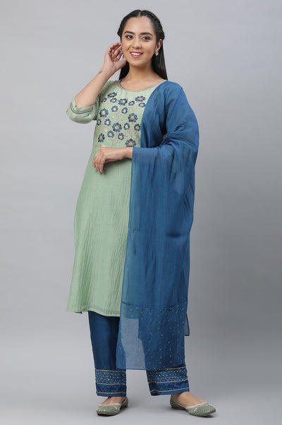 Mint Green Embroidered Kurta, Palazzo & Dupatta Set