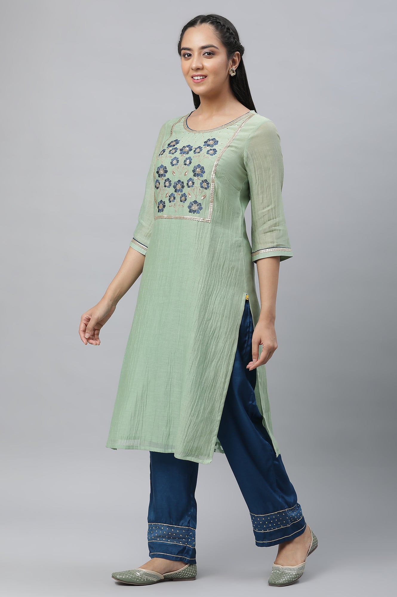 Mint Green Embroidered Kurta, Palazzo &amp; Dupatta Set