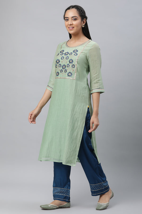 Mint Green Embroidered Kurta, Palazzo & Dupatta Set