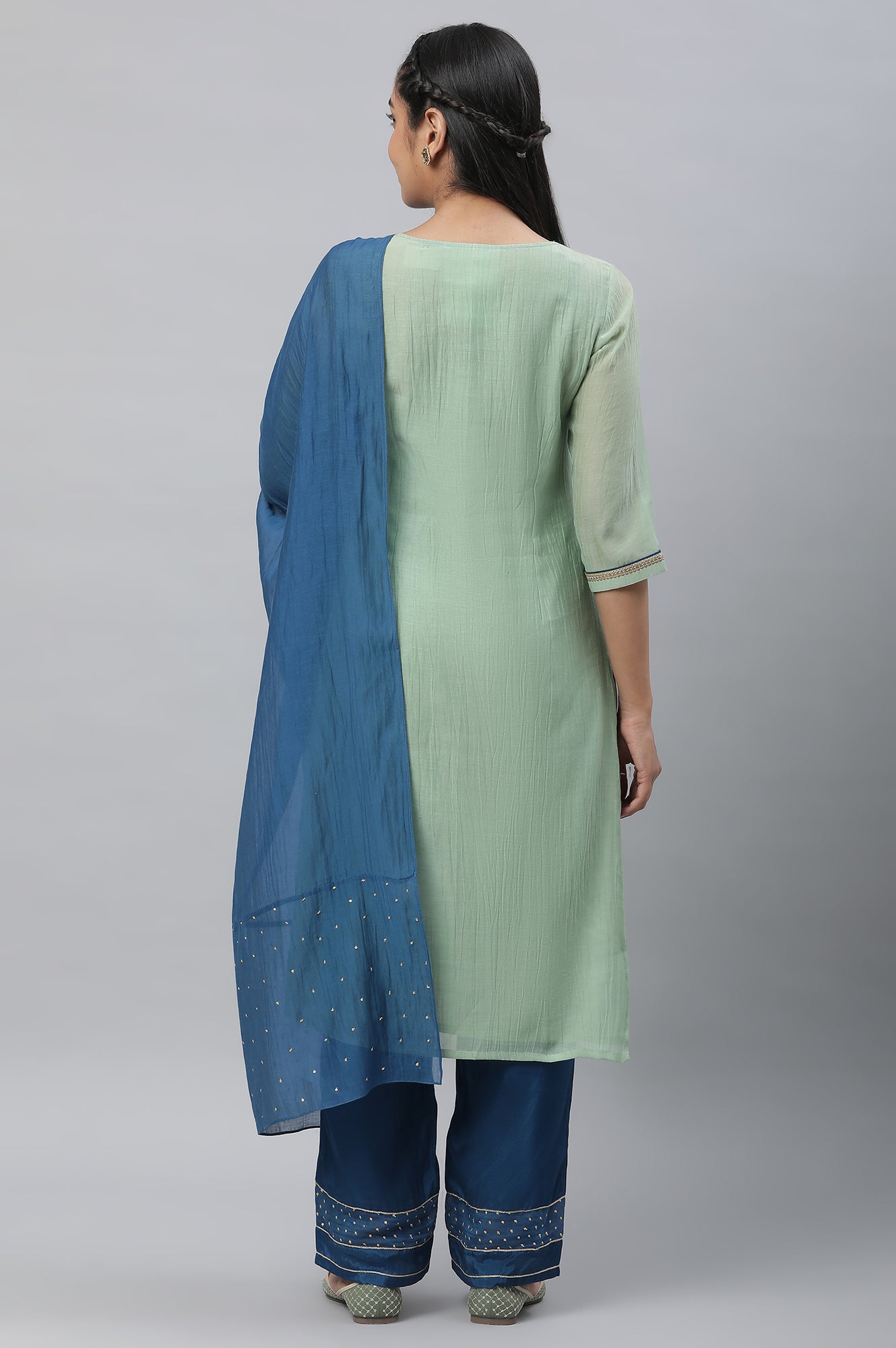 Mint Green Embroidered Kurta, Palazzo &amp; Dupatta Set