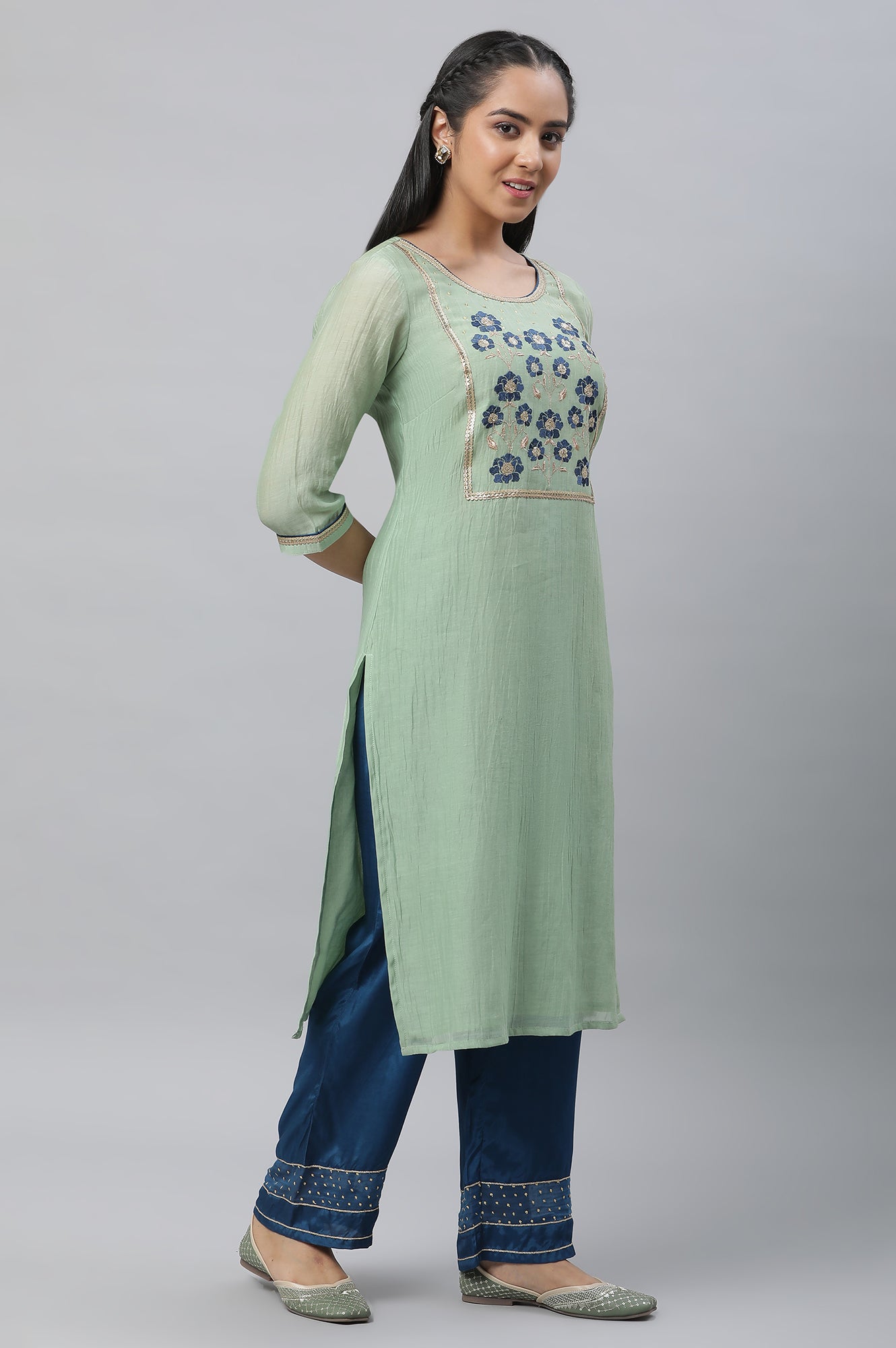 Mint Green Embroidered Kurta, Palazzo &amp; Dupatta Set