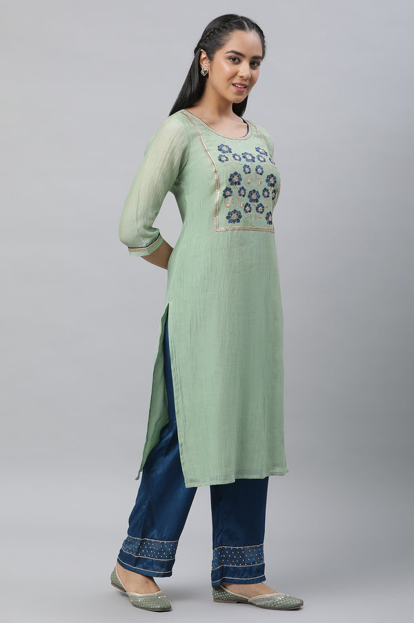 Mint Green Embroidered Kurta, Palazzo & Dupatta Set