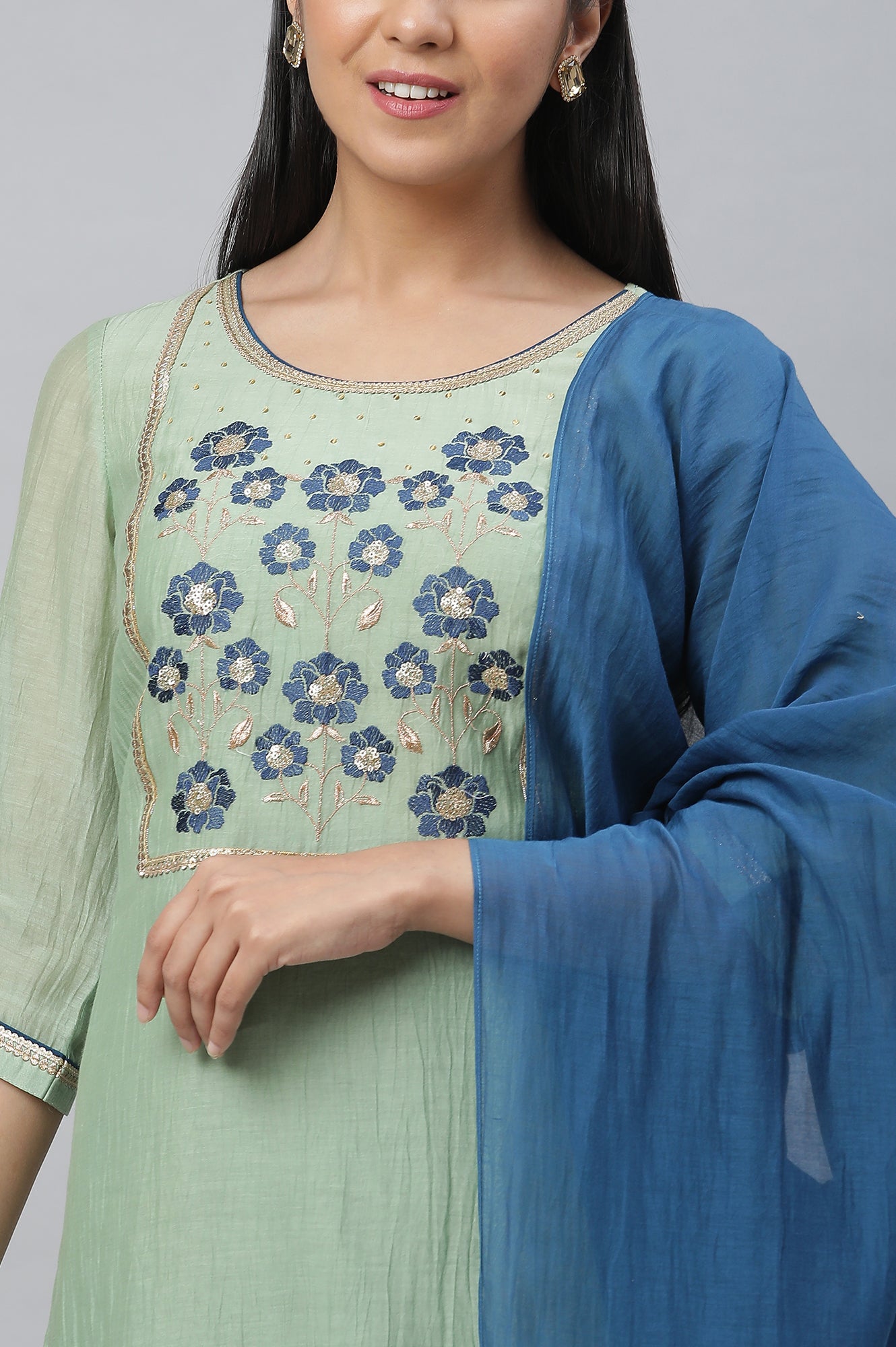 Mint Green Embroidered Kurta, Palazzo &amp; Dupatta Set