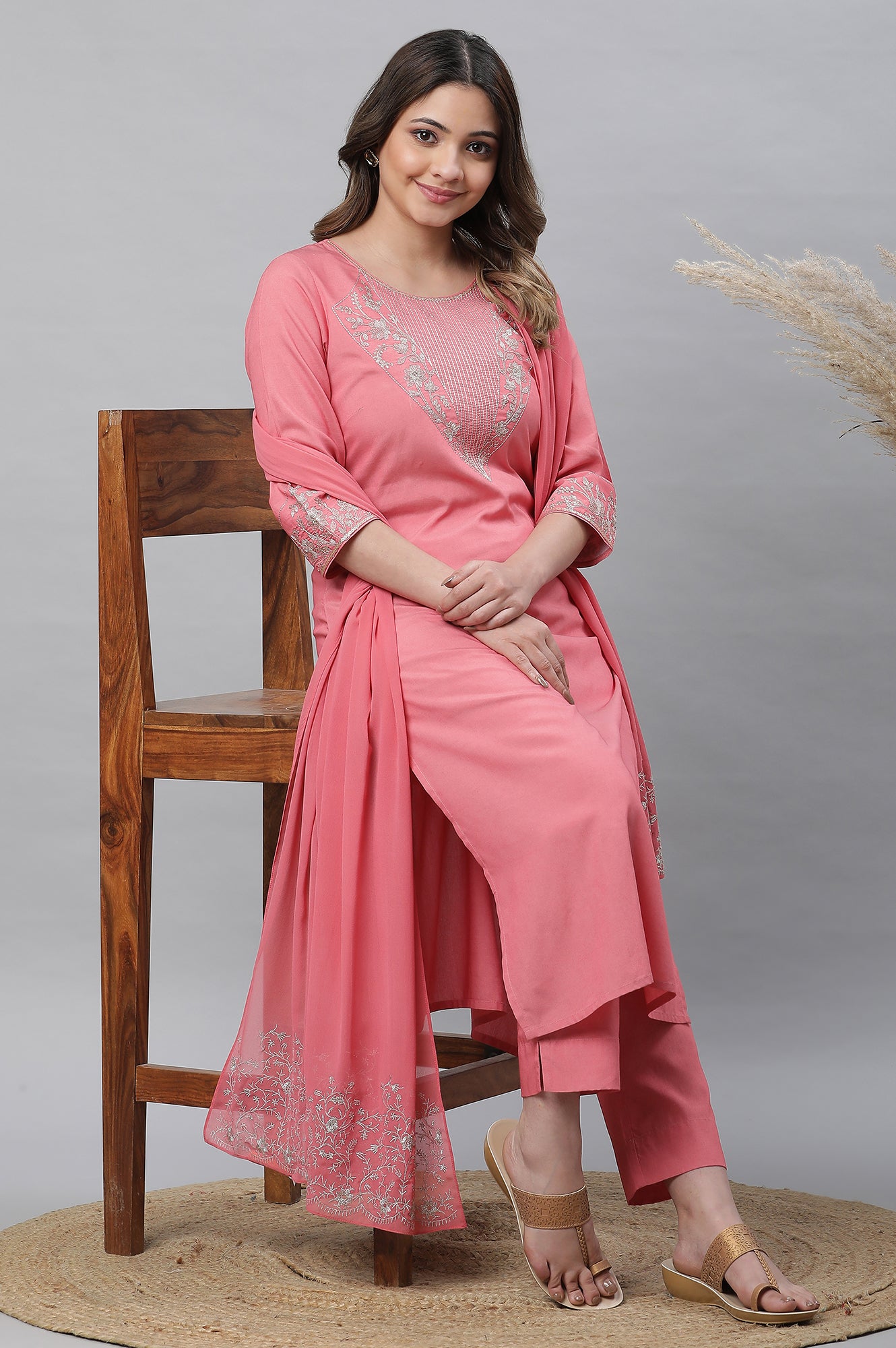 Raspberry Pink Embroidered Kurta, Palazzo &amp; Dupatta Set