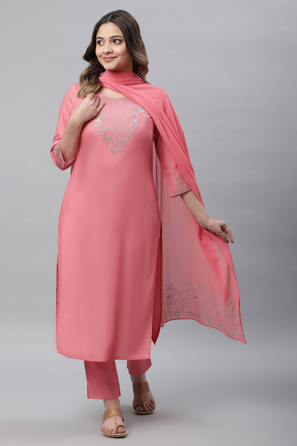 Raspberry Pink Embroidered Kurta, Palazzo & Dupatta Set