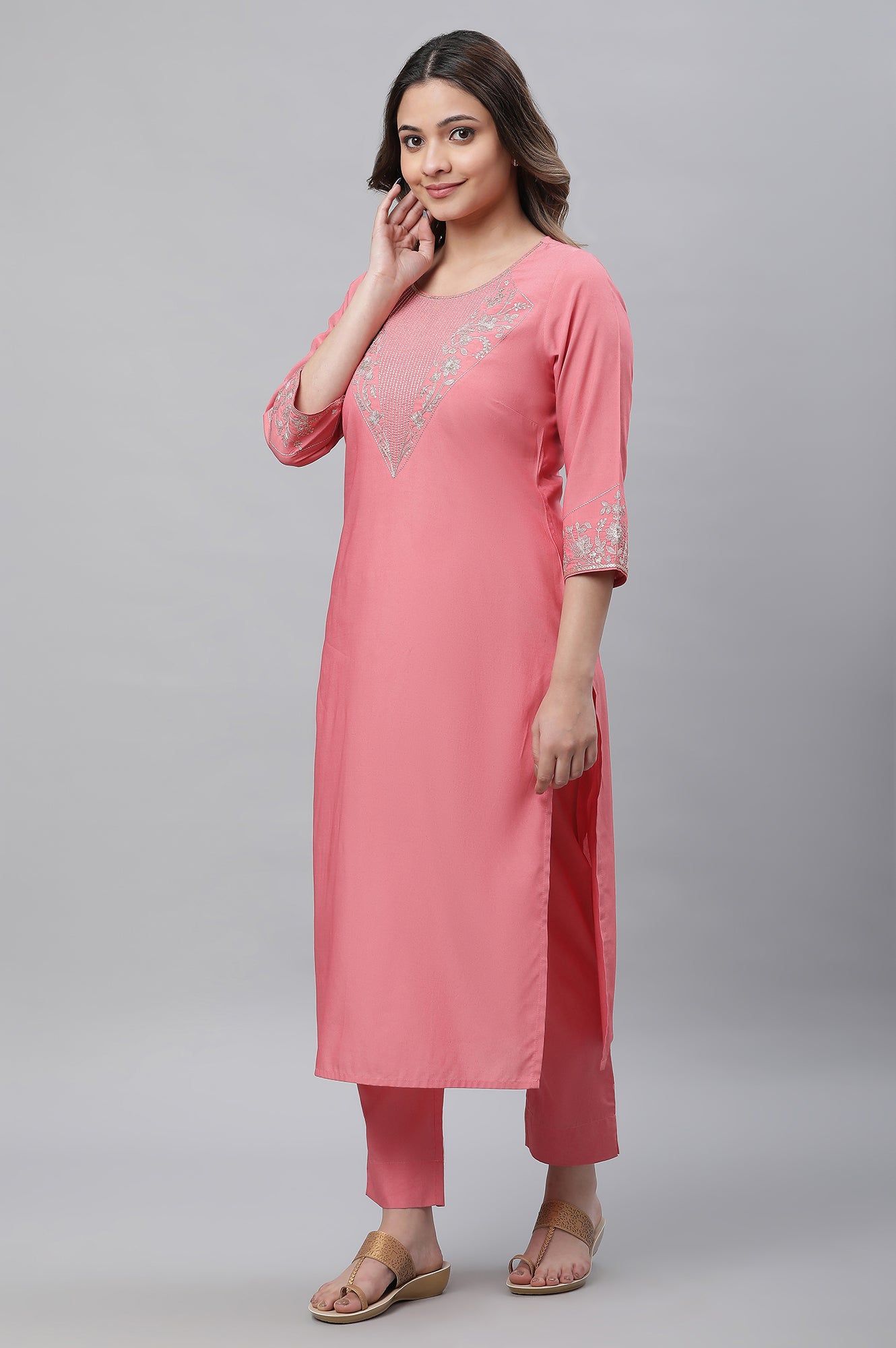 Raspberry Pink Embroidered Kurta, Palazzo &amp; Dupatta Set