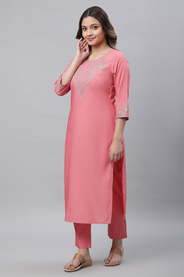 Raspberry Pink Embroidered Kurta, Palazzo & Dupatta Set