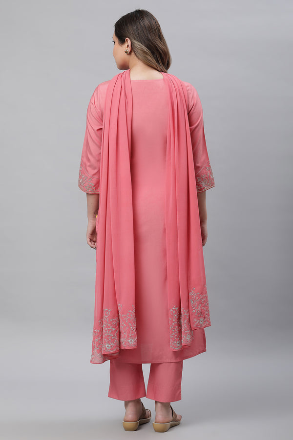 Raspberry Pink Embroidered Kurta, Palazzo & Dupatta Set