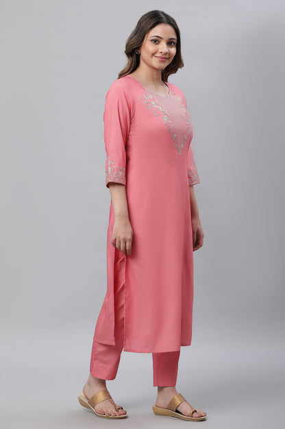 Raspberry Pink Embroidered Kurta, Palazzo &amp; Dupatta Set