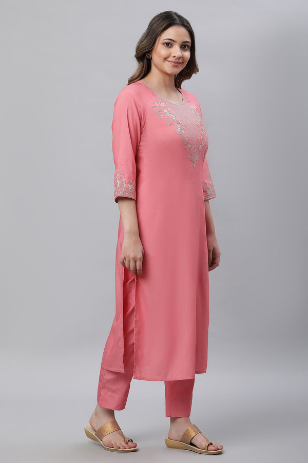 Raspberry Pink Embroidered Kurta, Palazzo & Dupatta Set