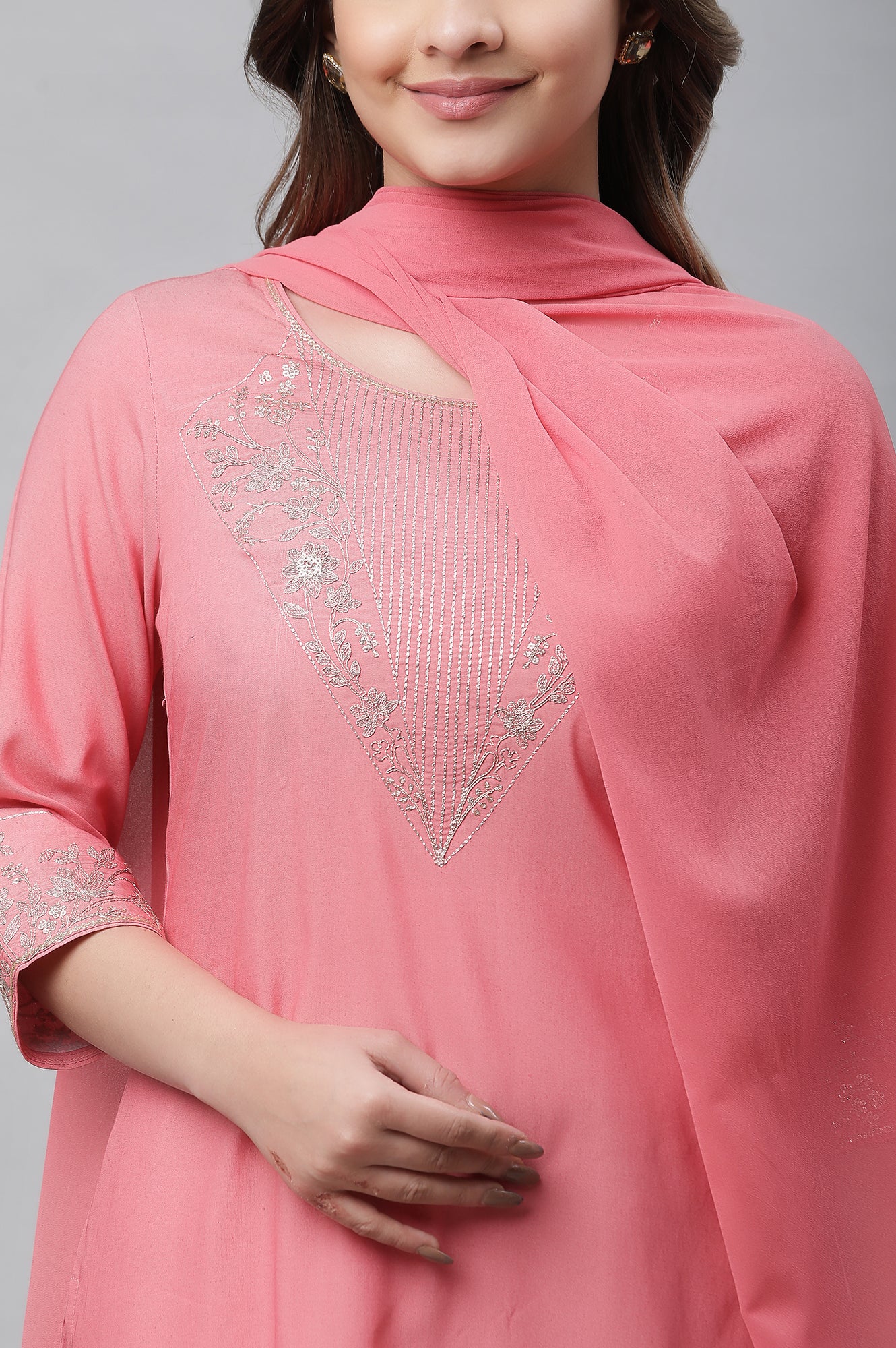 Raspberry Pink Embroidered Kurta, Palazzo &amp; Dupatta Set