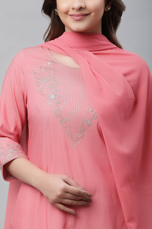 Raspberry Pink Embroidered Kurta, Palazzo & Dupatta Set