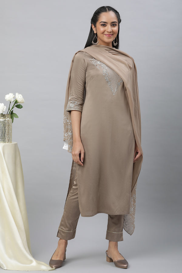 Greyish Gold Toned Brown Festive Kurta, Pants & Dupatta Set
