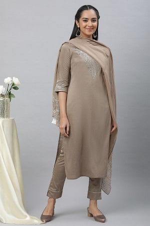 Greyish Gold Toned Brown Festive Kurta, Pants &amp; Dupatta Set