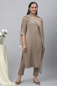 Greyish Gold Toned Brown Festive Kurta, Pants &amp; Dupatta Set