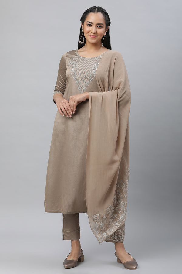 Greyish Gold Toned Brown Festive Kurta, Pants & Dupatta Set