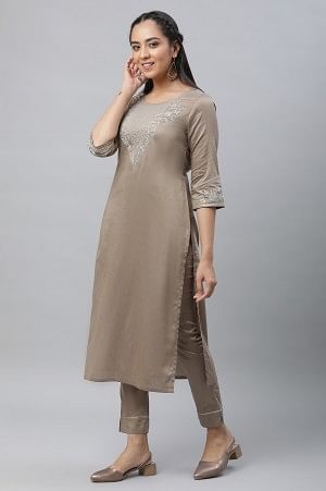 Greyish Gold Toned Brown Festive Kurta, Pants &amp; Dupatta Set