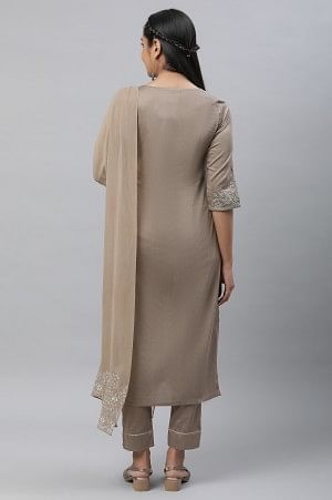 Greyish Gold Toned Brown Festive Kurta, Pants &amp; Dupatta Set