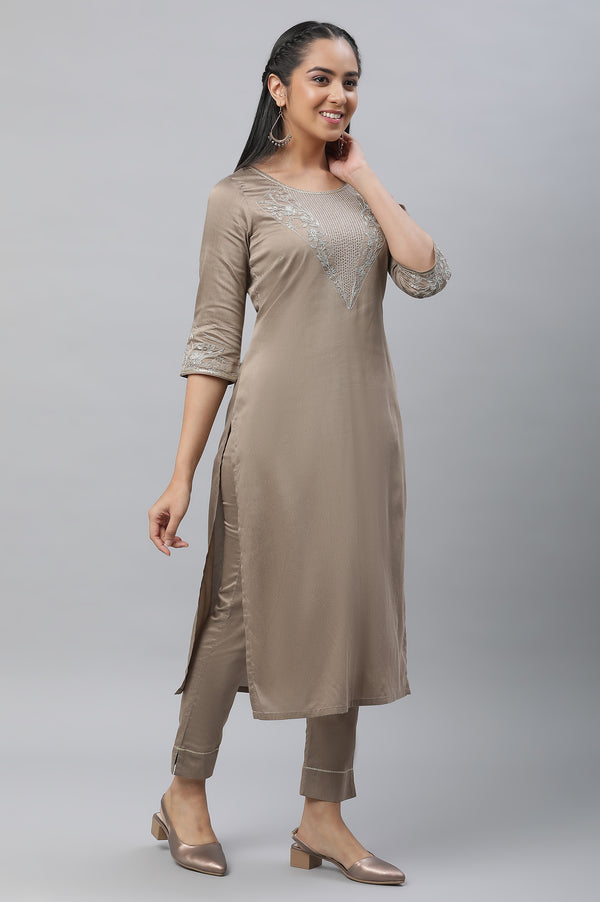 Greyish Gold Toned Brown Festive Kurta, Pants & Dupatta Set