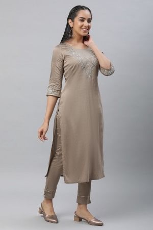 Greyish Gold Toned Brown Festive Kurta, Pants &amp; Dupatta Set