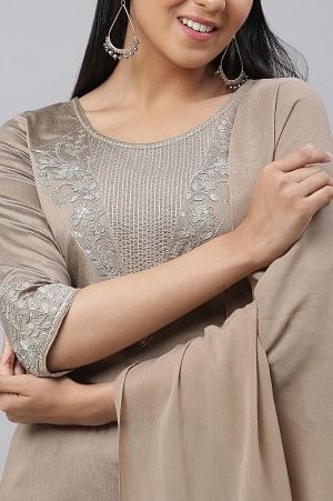 Greyish Gold Toned Brown Festive Kurta, Pants &amp; Dupatta Set