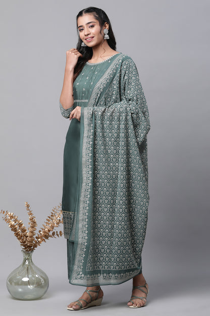 Green Embroidered Festive Kurta, Palazzo and Dupatta Set