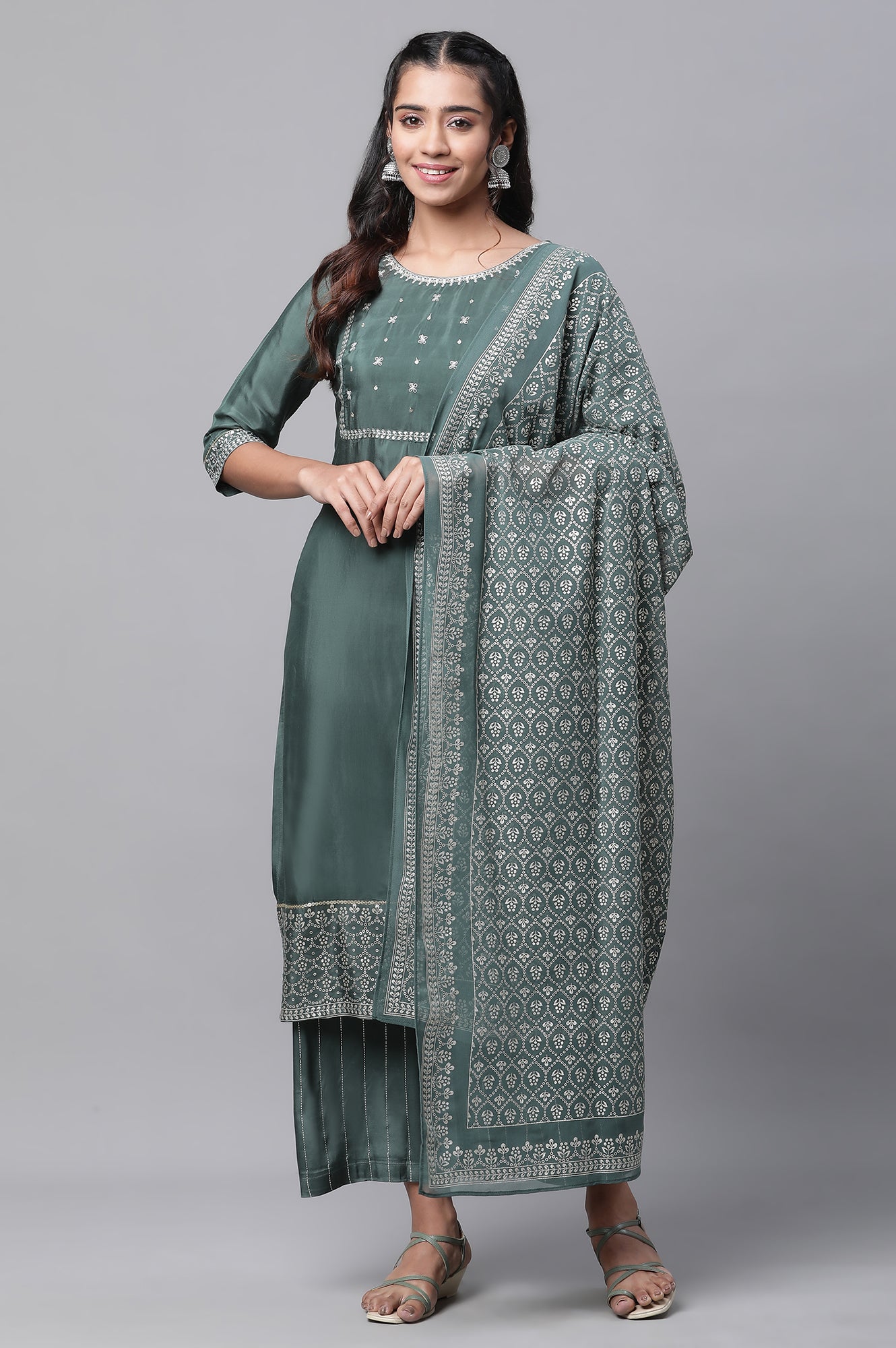 Green Embroidered Festive Kurta, Palazzo and Dupatta Set