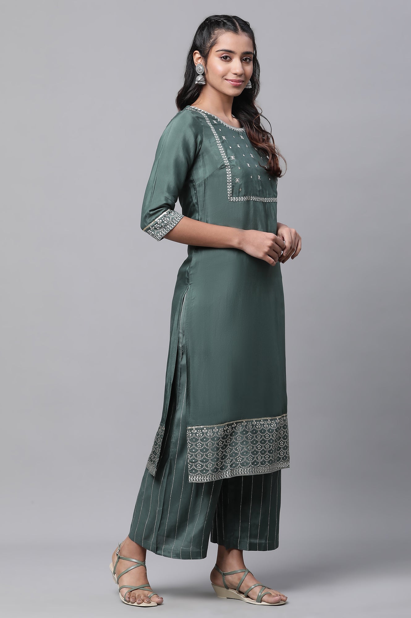 Green Embroidered Festive Kurta, Palazzo and Dupatta Set