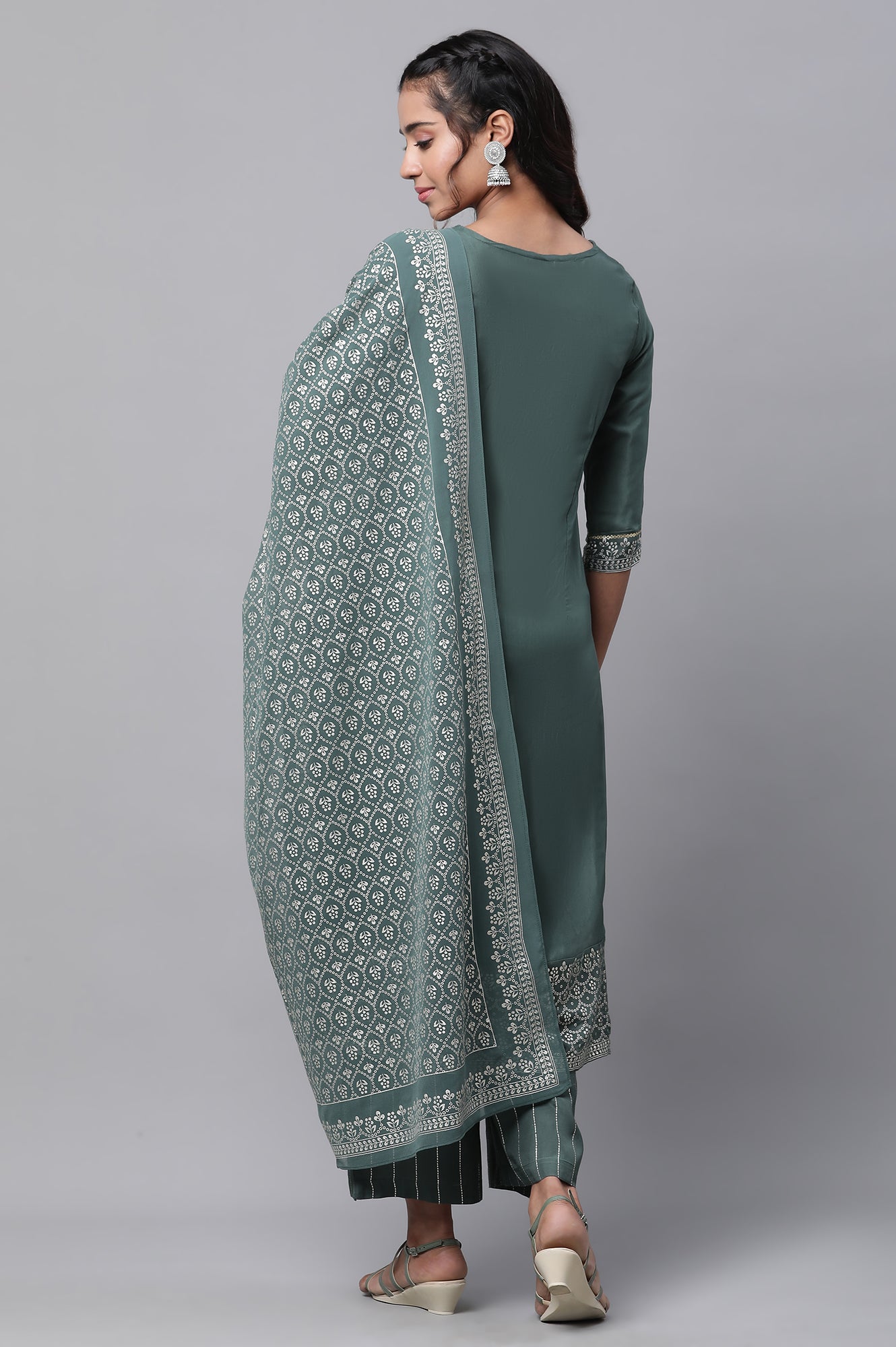 Green Embroidered Festive Kurta, Palazzo and Dupatta Set