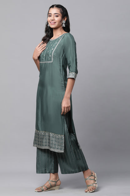 Green Embroidered Festive Kurta, Palazzo and Dupatta Set