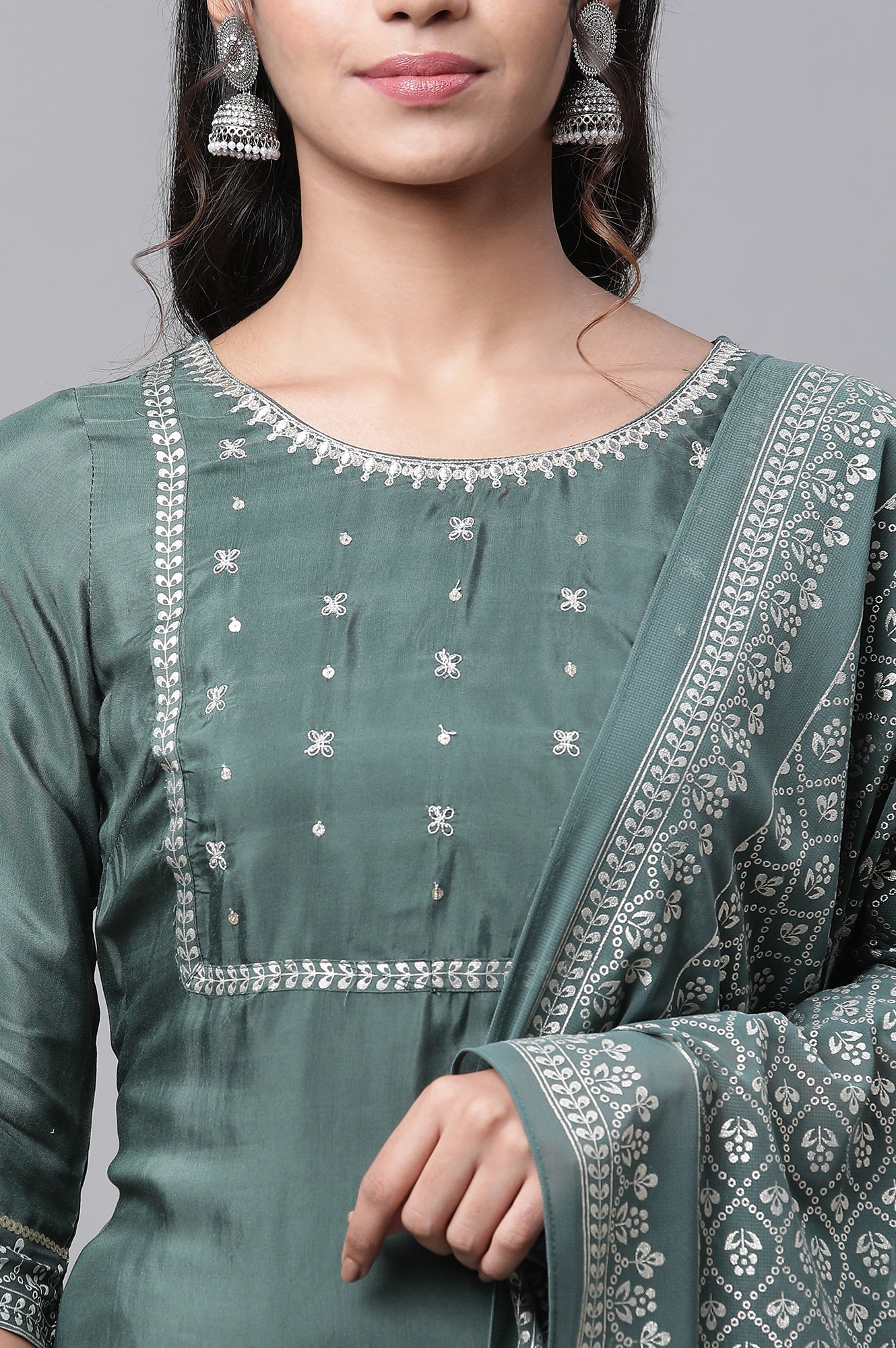 Green Embroidered Festive Kurta, Palazzo and Dupatta Set