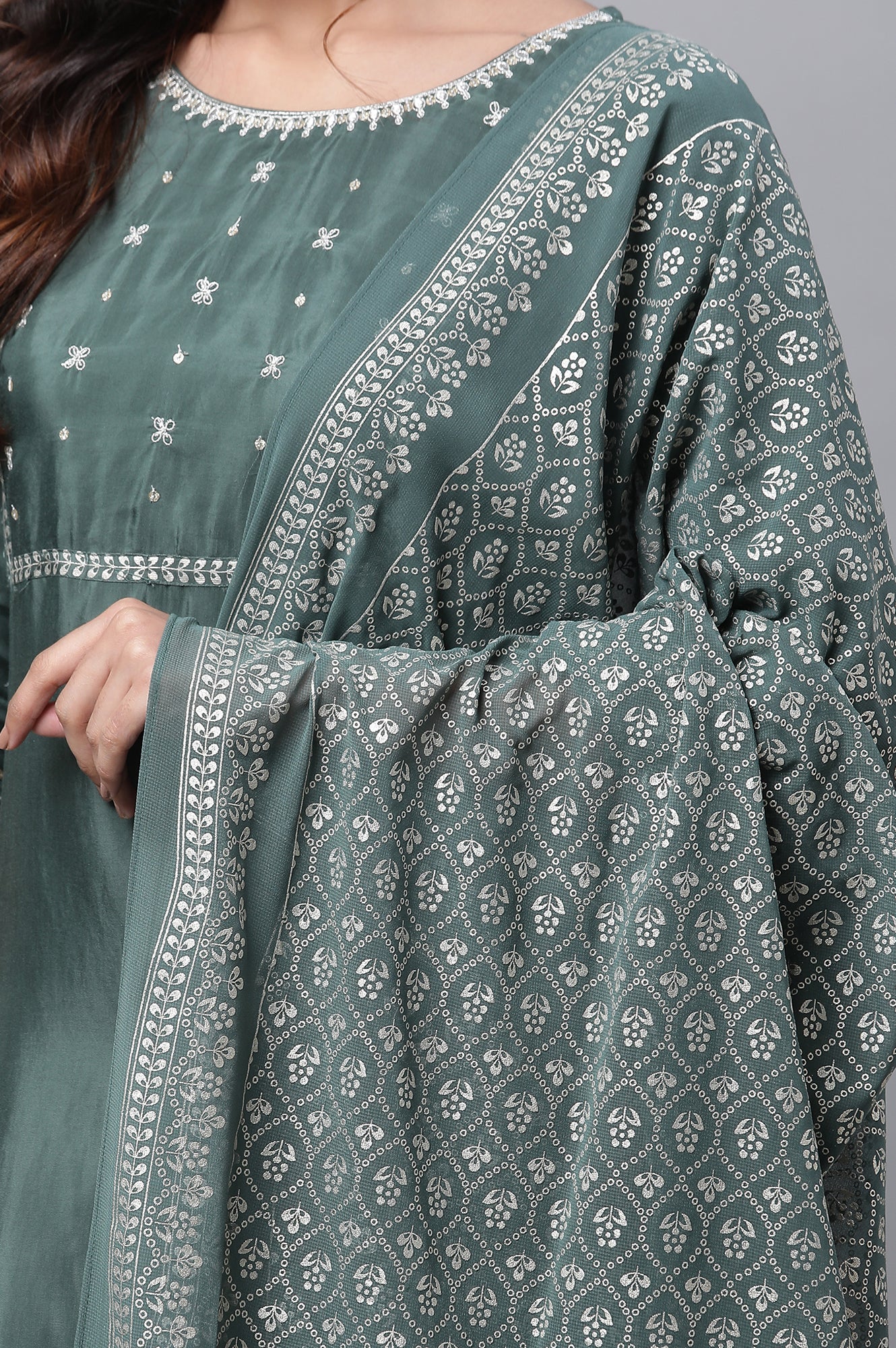 Green Embroidered Festive Kurta, Palazzo and Dupatta Set