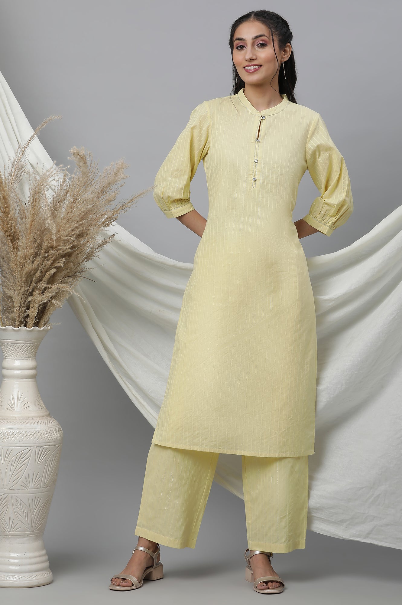 Yellow Cotton Lurex Kurta &amp; Palazzo Set