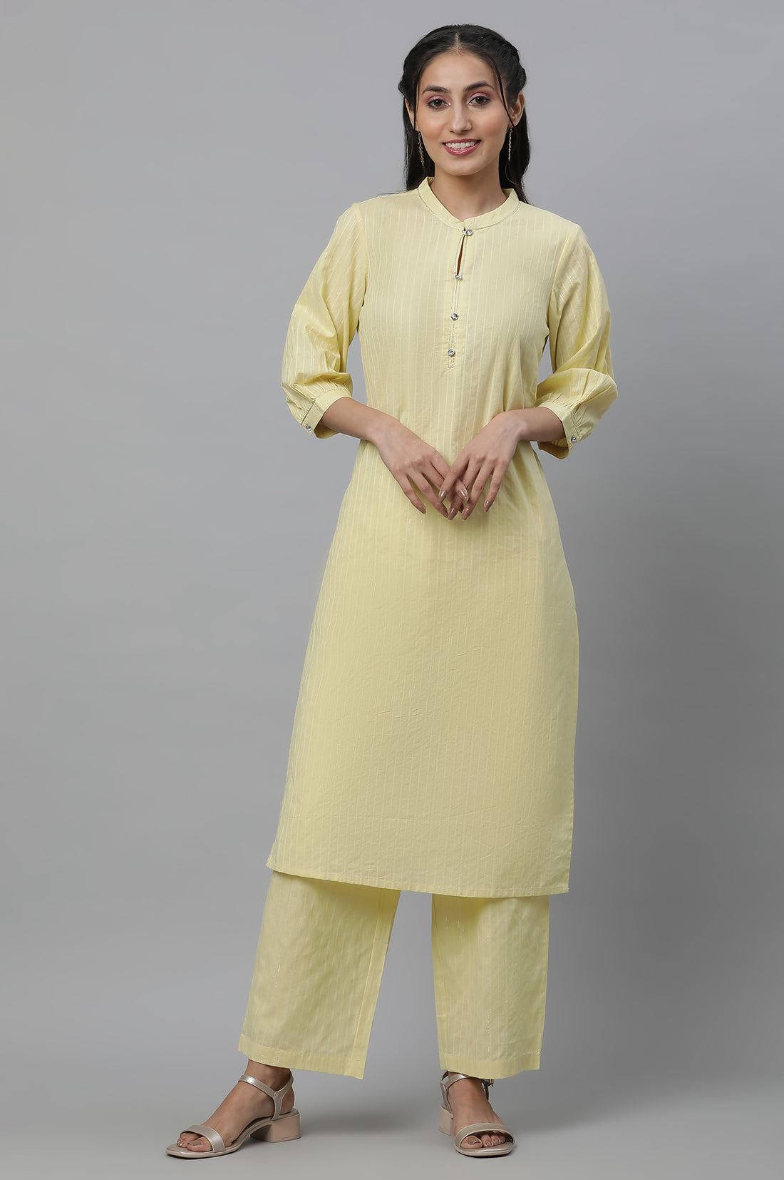 Yellow Cotton Lurex Kurta and Palazzo Co-ord Set