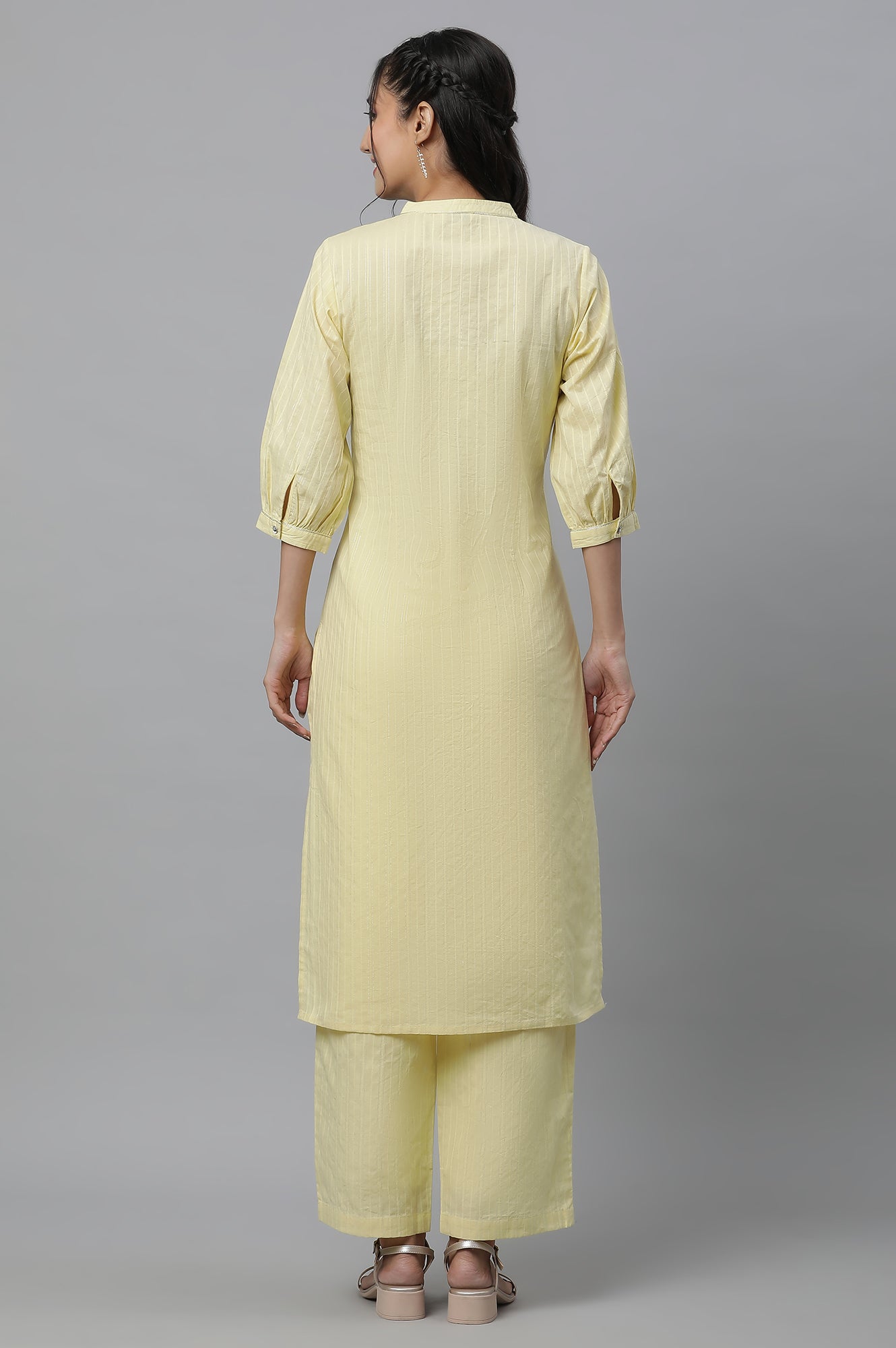 Yellow Cotton Lurex Kurta &amp; Palazzo Set