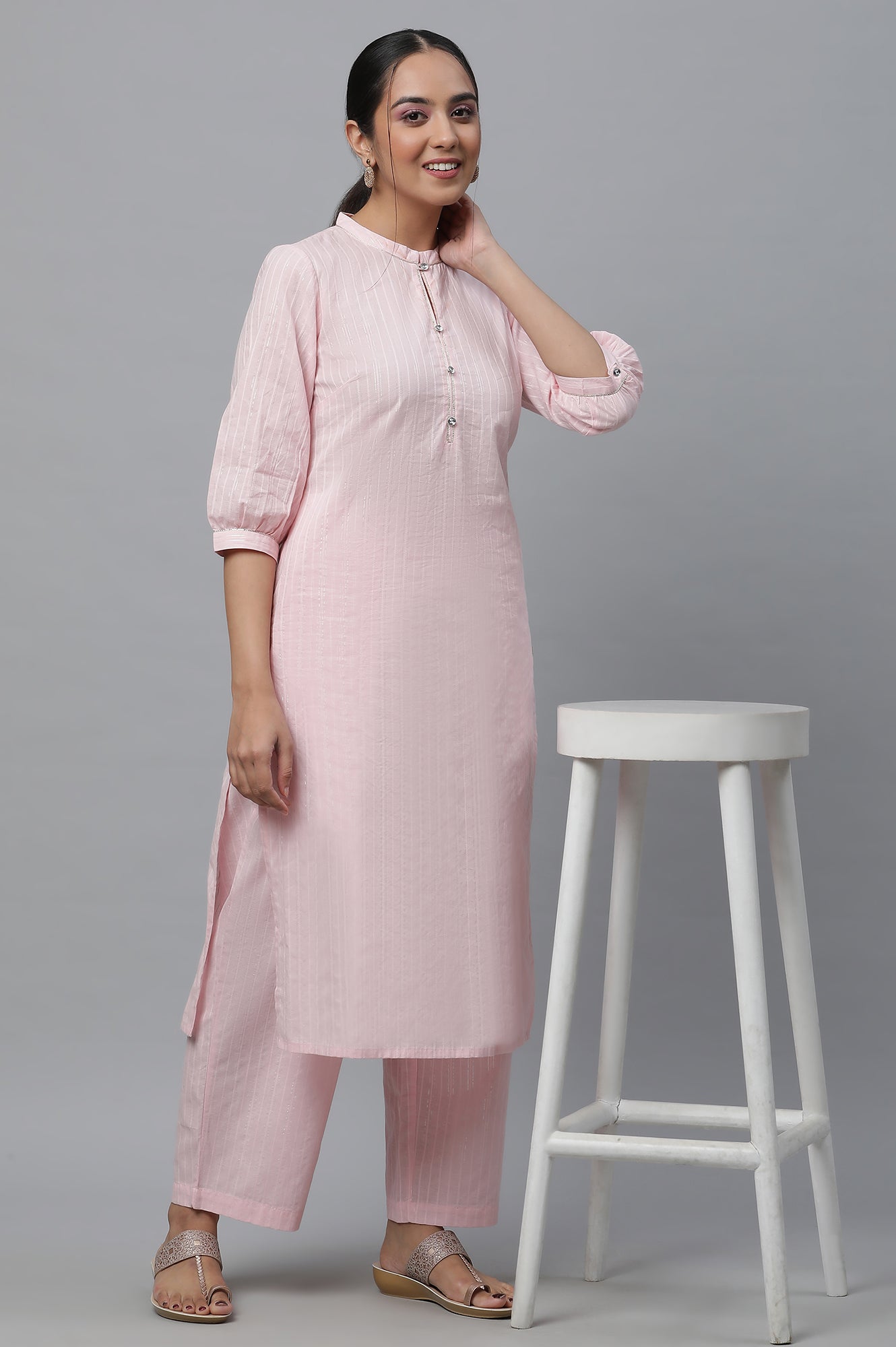 Pink Cotton Lurex Kurta &amp; Palazzo Set