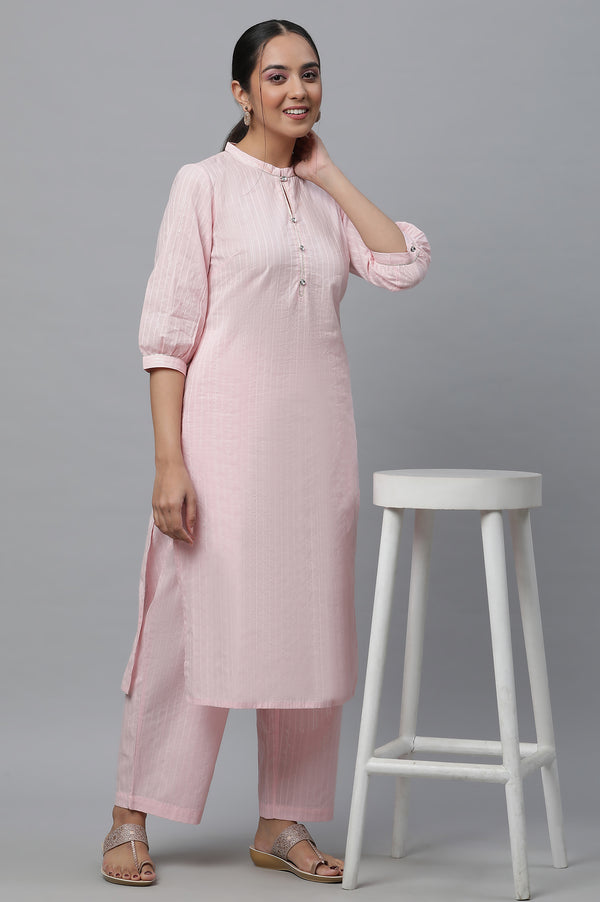Pink Cotton Lurex Kurta & Palazzo Set