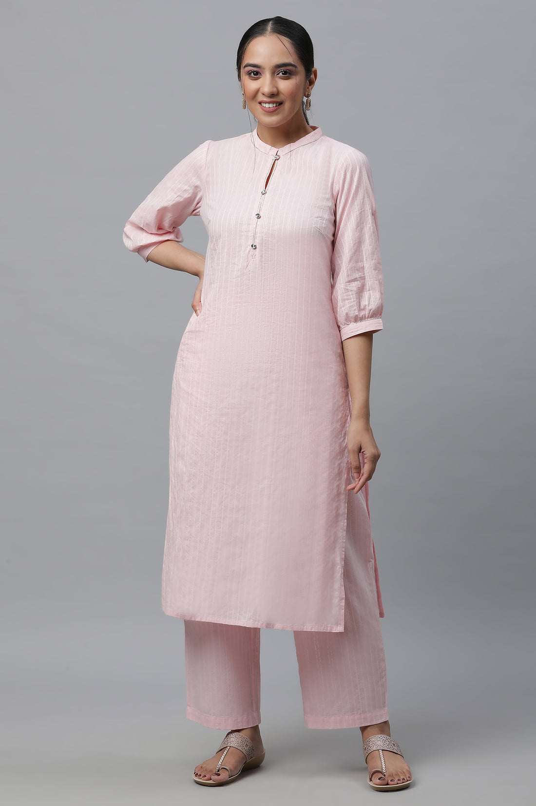 Pink Cotton Lurex Kurta and Palazzo Co-ord Set