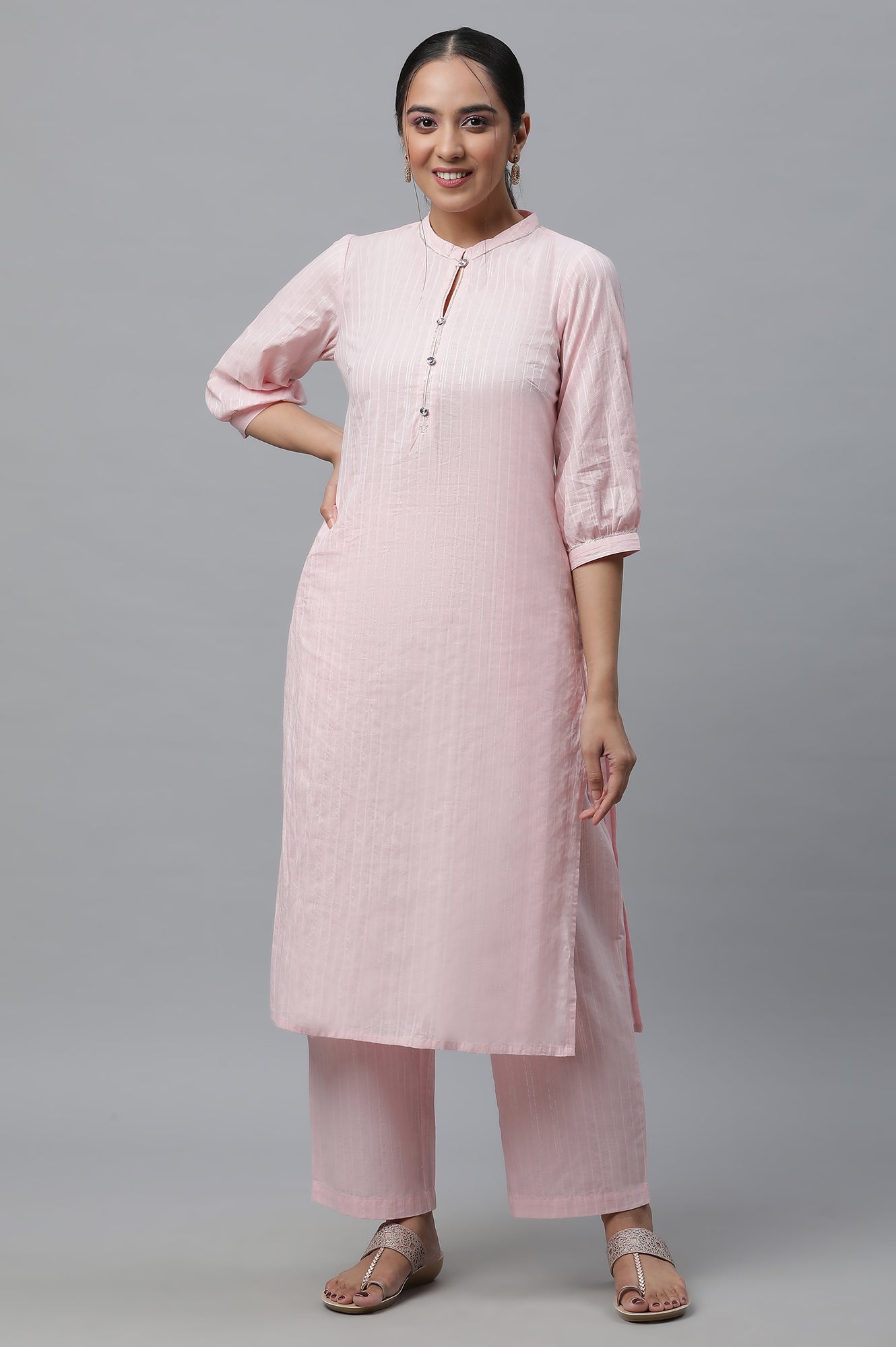 Pink Cotton Lurex Kurta &amp; Palazzo Set