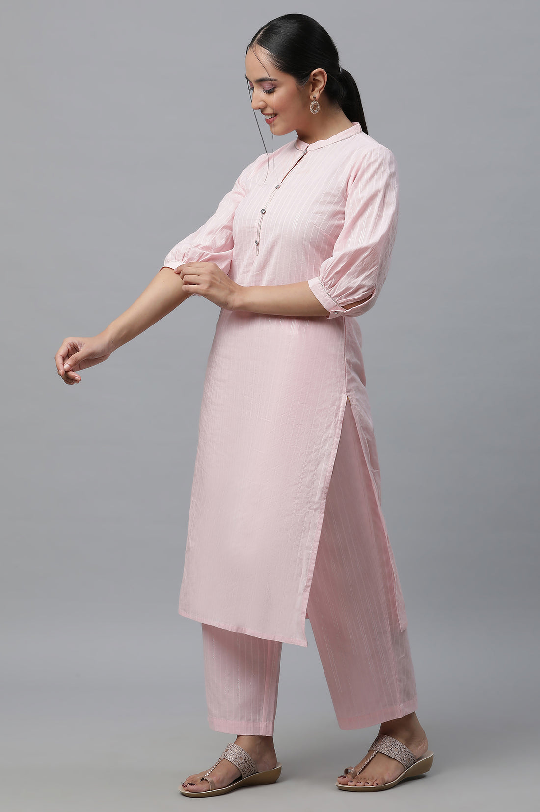 Pink Cotton Lurex Kurta and Palazzo Co-ord Set