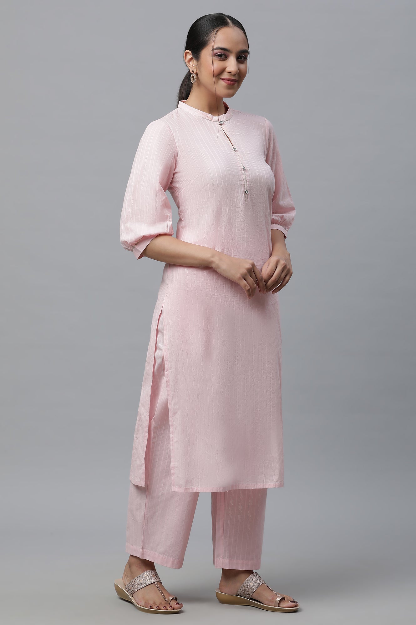 Pink Cotton Lurex Kurta &amp; Palazzo Set