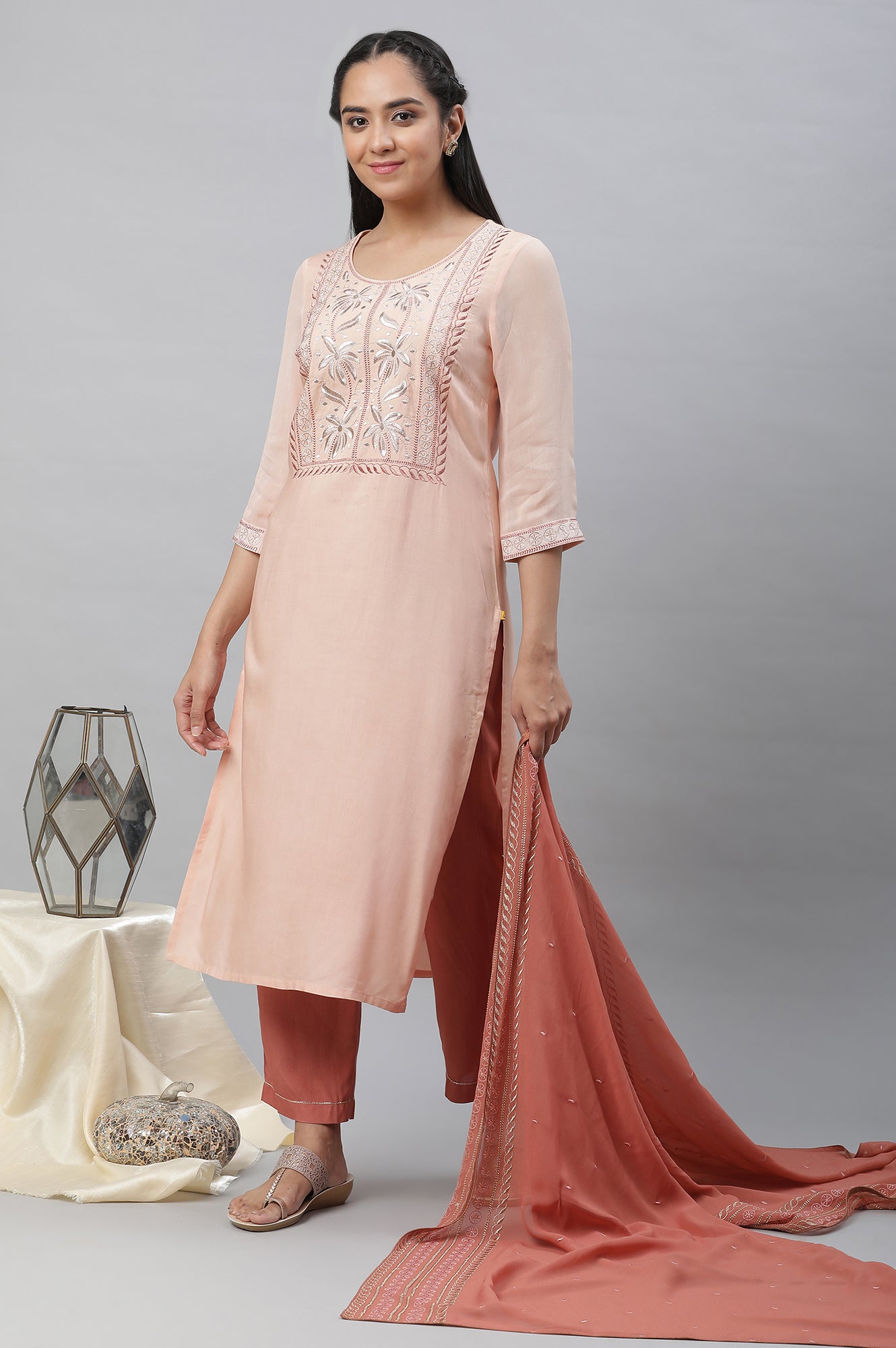 Peach Embroidered Kurta, Palazzos and Dupatta Set