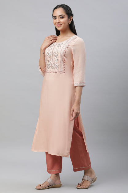 Peach Embroidered Kurta, Palazzos and Dupatta Set