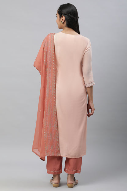 Peach Embroidered Kurta, Palazzos and Dupatta Set