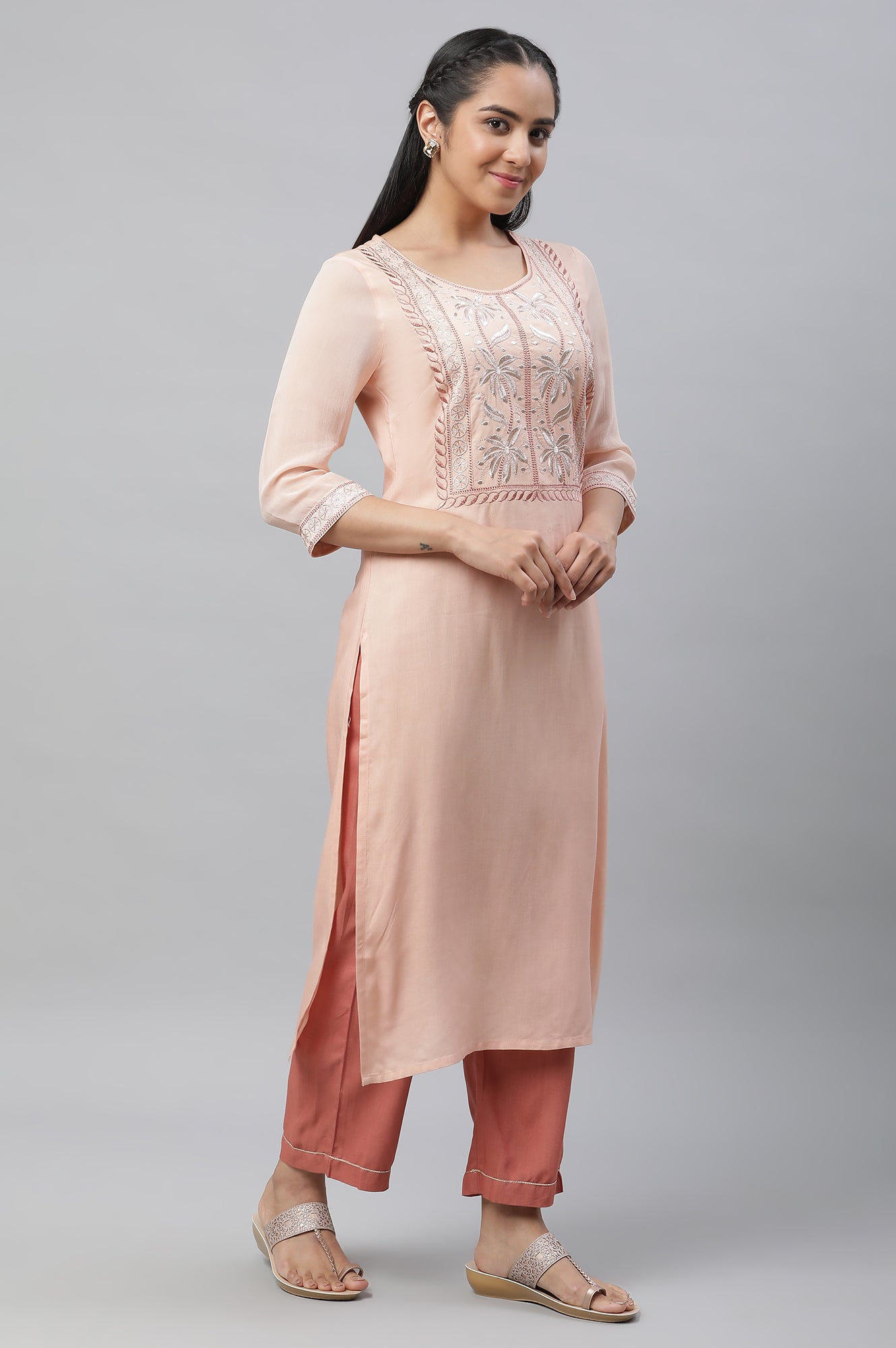 Peach Embroidered Kurta, Palazzos and Dupatta Set